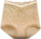Culotte haute gainante en dentelle florale modèle Séléné, vue de face soulignant la zone de maintien abdominal et la finition dentelle raffinée. beige
